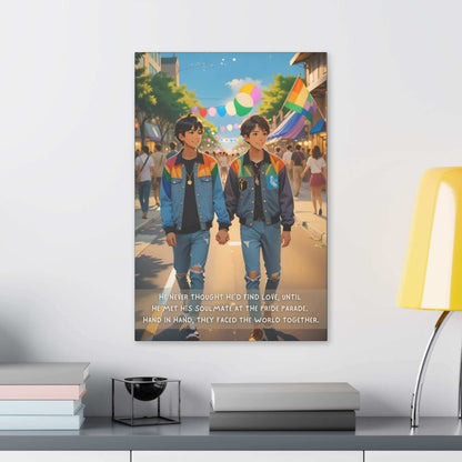 An illustration from Printify's "Soulmate Found: Joyful Gay Pride Canvas Wall Art, Inspired by Heartwarming 2-Sentence Story | PR-2S-003c" features two young men holding hands and walking at a Pride parade. They both wear blue jackets with pride flags behind them in a festive and colorful background. A caption reads, "He never thought he’d find love, until he met his soulmate within the LGBTQ+ community. Hand in hand, they faced the world together.