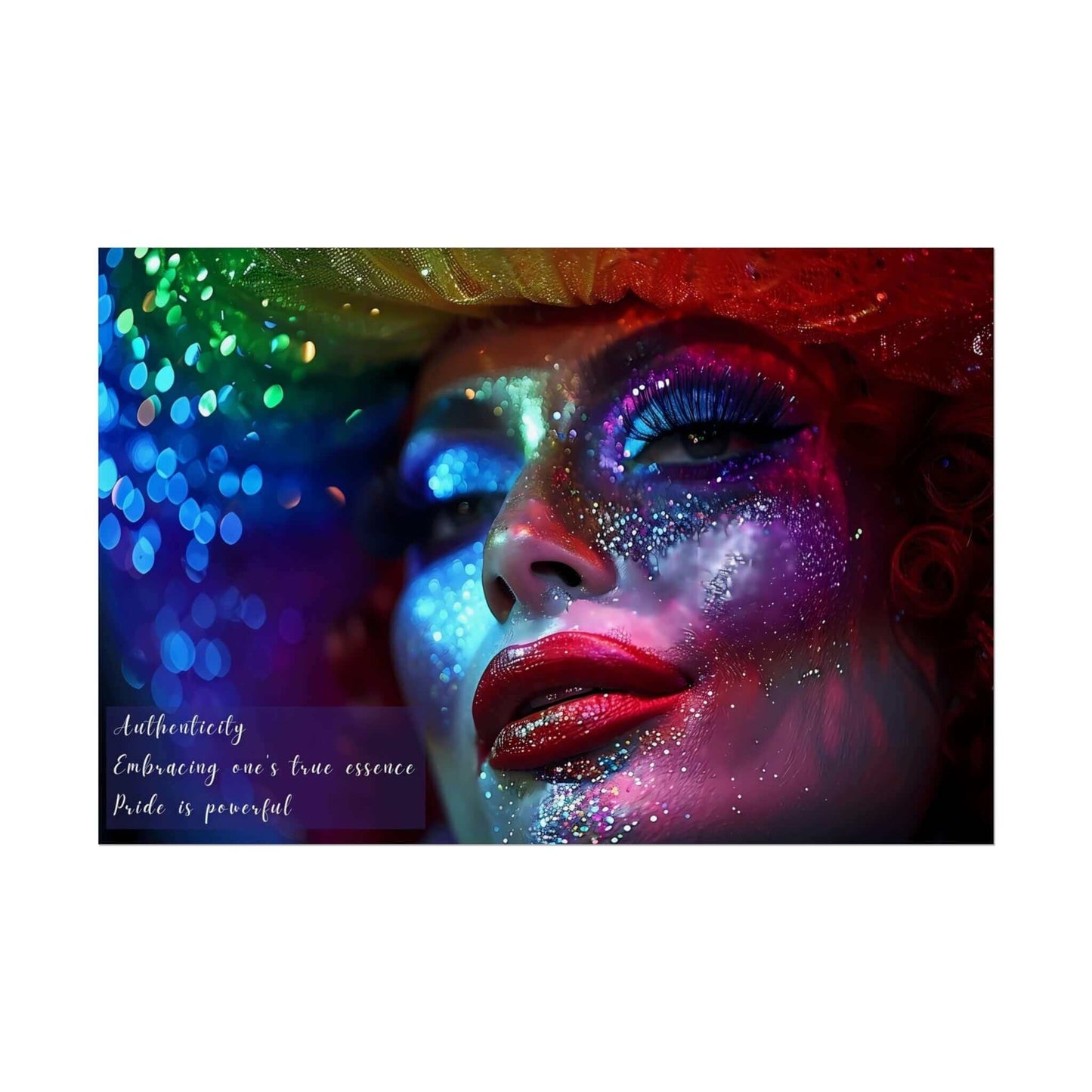 Vibrant Pride Celebration Poster featuring a glittering drag queen, inspired by an empowering haiku about authenticity and embracing true essence.