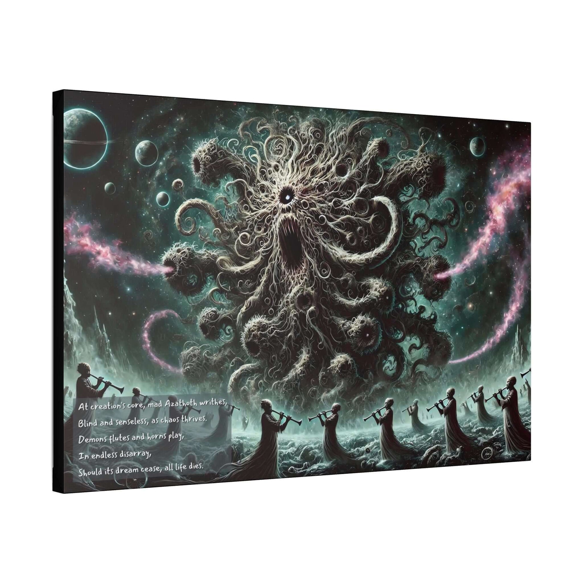 Cosmic Chaos: Mesmerizing Azathoth Limerick-Inspired Canvas Wall Art featuring dark swirling forms, cosmic entities, and demonic flutes.