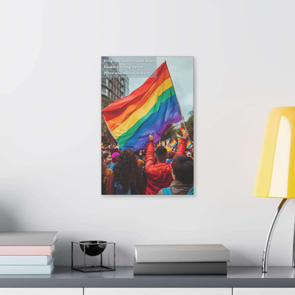 Canvas wall art of individuals at a Pride parade waving a rainbow flag, symbolizing progress and the fight for equality, inspired by a resilient haiku.