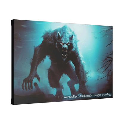 A menacing werewolf with glowing red eyes and sharp teeth prowls through a dark, eerie forest under a moonlit sky. The creature's claws are extended, and a mist surrounds it. Text at the bottom reads, "Moonlit Prowl: A 6-Word Story Dark Fantasy Canvas Wall Art of Unending Hunger." Brought to you by Printify.