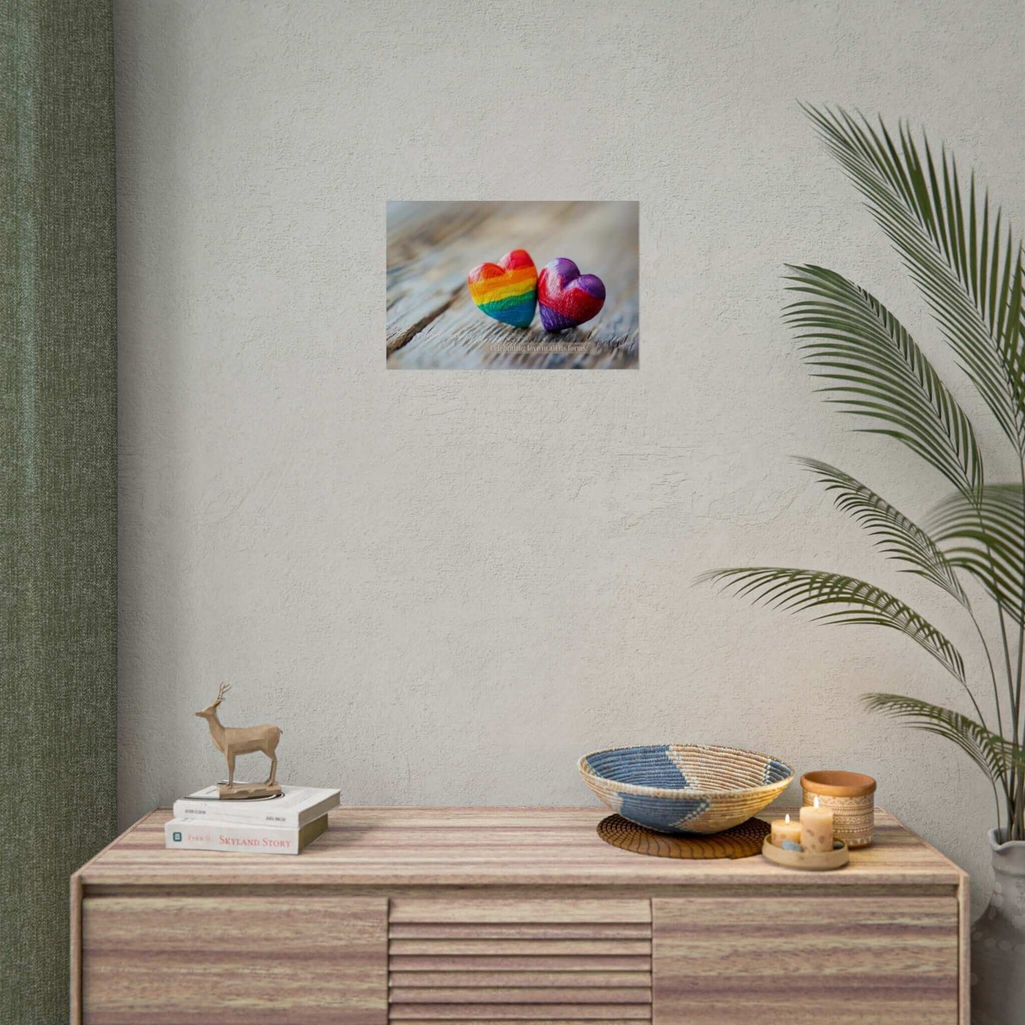 Two small wooden hearts on a wooden surface. The left heart is painted with rainbow colors, and the right heart has a gradient mix of red, purple, and blue. Below the hearts is the text "Celebrating love in all its forms," embracing pride and diversity. This artwork perfectly captures the essence of Printify's "Love in All Forms: Beautiful Gay Pride Poster Wall Art, Inspired by Heartfelt 6-Word Story | PR-6W-007p.