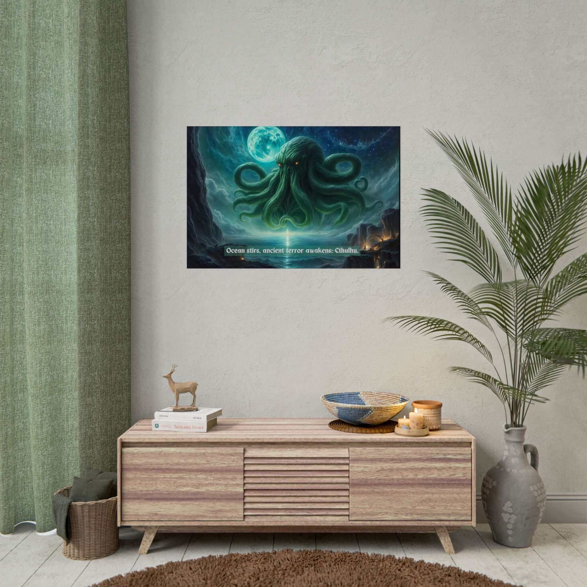 Horrifying Cthulhu Poster Wall Art Inspired by Eerie 6-Word Story displayed in modern living room