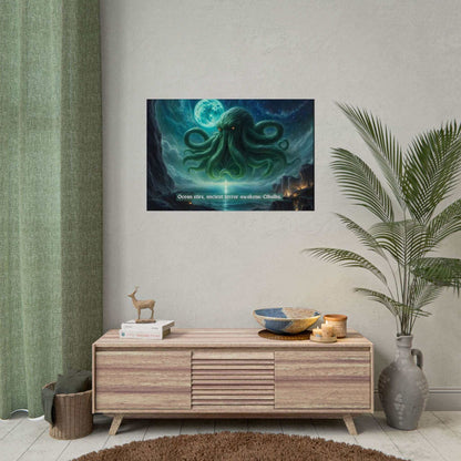 Horrifying Cthulhu Poster Wall Art Inspired by Eerie 6-Word Story displayed in modern living room