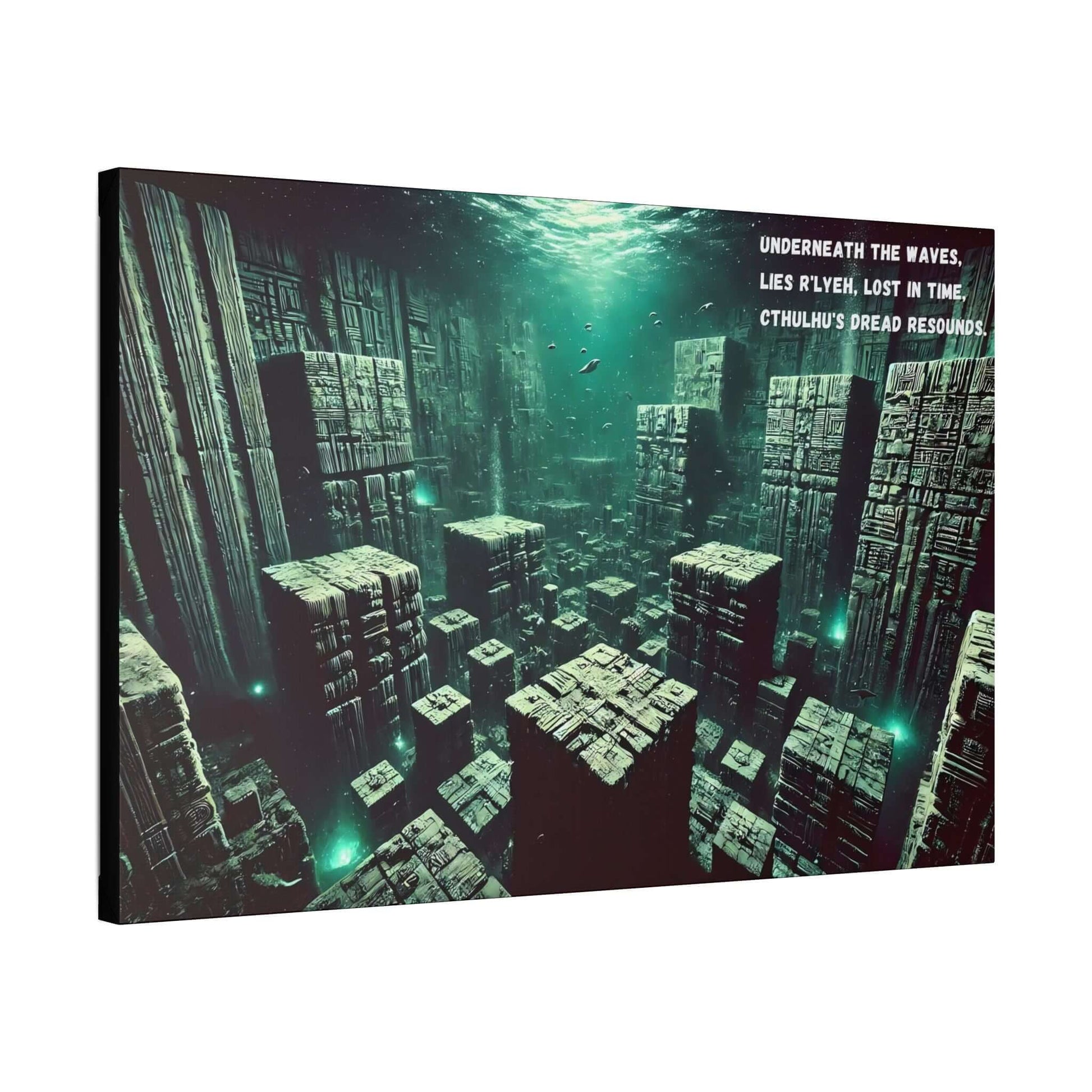 Submerged R’lyeh Haunting Cthulhu Deep-Sea Haiku Canvas Wall Art with ancient underwater city structures