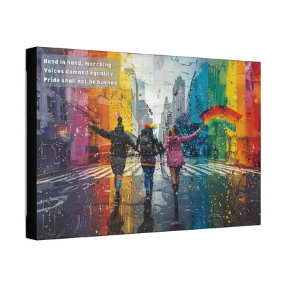 Marching Together vibrant city parade canvas art, celebrating Pride with colorful unity and determination inspired by a haiku.