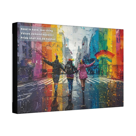 Marching Together vibrant city parade canvas art, celebrating Pride with colorful unity and determination inspired by a haiku.