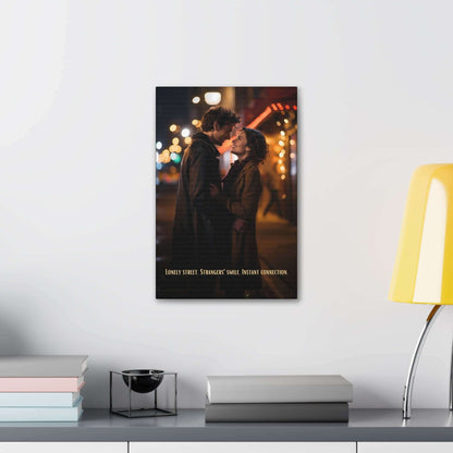 A couple stands close, smiling at each other on a dimly lit street with colorful blurred lights in the background. They appear to be sharing a tender moment, reminiscent of an urban love painting. The text at the bottom reads, "Lonely street. Strangers' smile. Instant connection." This scene is beautifully captured in Printify's "Strangers' Connection: Romantic Canvas Wall Art with 6-Word Love Story.