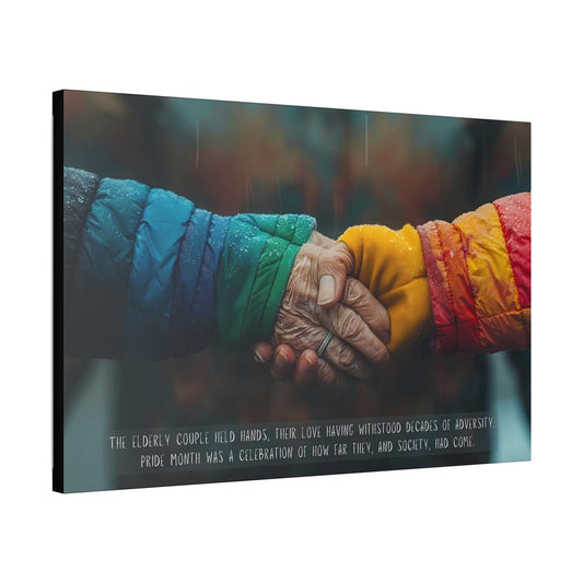 An elderly couple holds hands, one wearing a blue and green coat, the other a red, orange, and yellow coat, symbolizing the LGBTQ+ pride flag. Text at the bottom reads, "The elderly couple held hands, their enduring love having withstood decades of adversity. Pride Month was a celebration of how far they, and society, had come."

Product Name: Printify - Enduring Love: Inspiring Gay Pride Canvas Wall Art Based on Heartfelt 2-Sentence Story