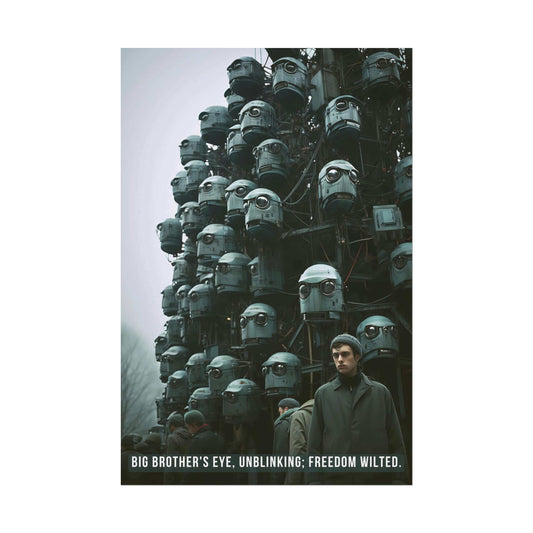 A somber man stands near a colossal structure adorned with numerous head-shaped surveillance cameras, gazing forward. The scene is moody and tense, capturing the essence of dystopian art. Text at the bottom reads, "BIG BROTHER'S EYE, UNBLINKING; FREEDOM WILTED." This is the Urban Oversight: Dystopian Big Brother Poster Wall Art with Bleak 6-Word Story by Printify.