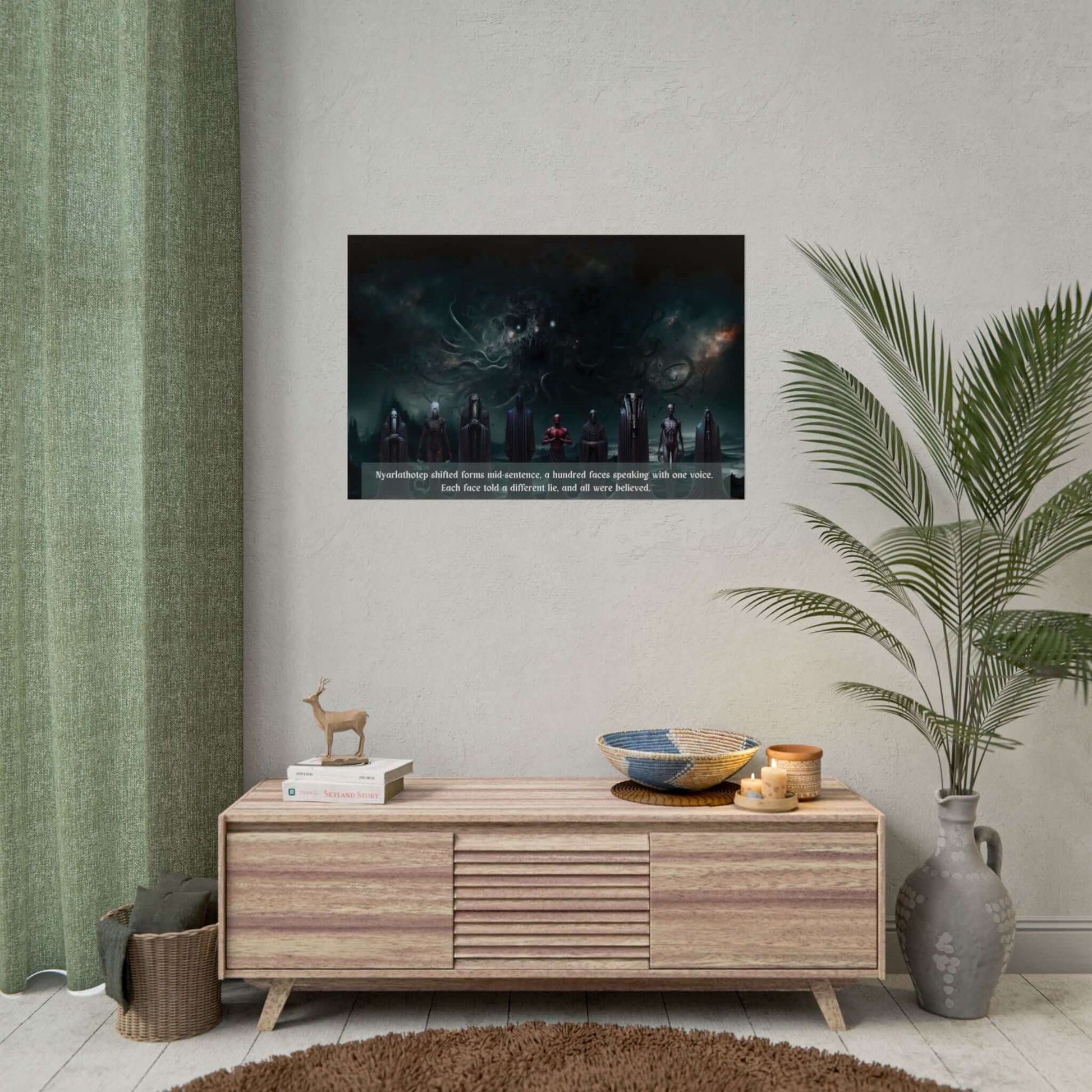 Lovecraftian horror wall art poster of Nyarlathotep in cosmic transformation displayed in modern living room