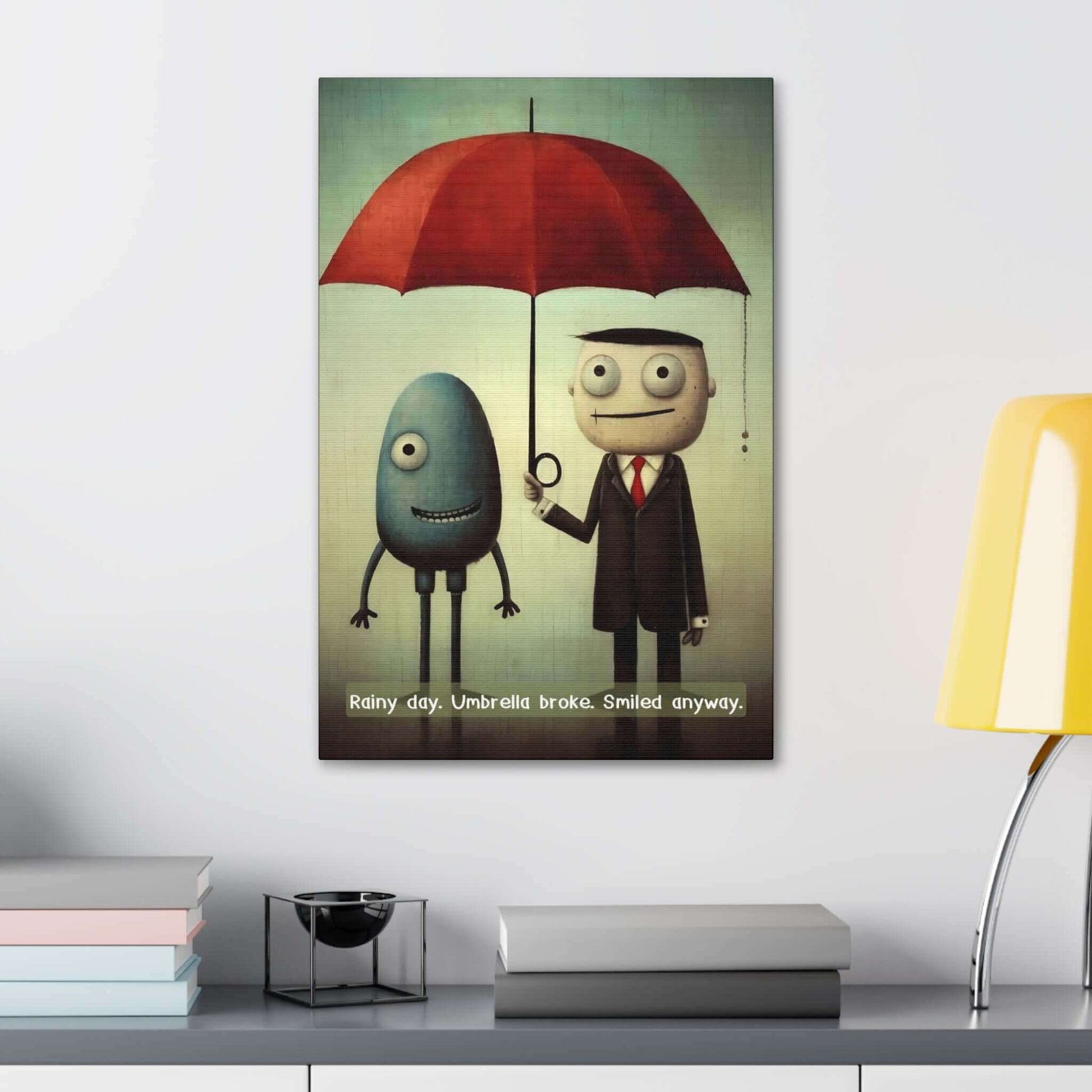 A whimsical canvas wall art by Printify titled "Smiling Through the Rain: Whimsical Canvas Wall Art with Positive 6-Word Story," featuring two cartoon characters standing under a red umbrella. An egg-shaped blue figure with one leg smiles beside a man in a suit and tie holding the umbrella. The text reads, "Smiling Through the Rain. Umbrella broke. Smiled anyway.