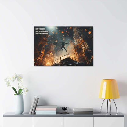 Floating in Knowledge: Whimsical Fantasy Canvas Wall Art Library Scene with Clever Haiku