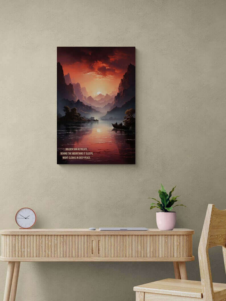 Serenity at Dusk: Exotic Mountain Terrain at Sunset Poster Wall Art with Tranquil Haiku