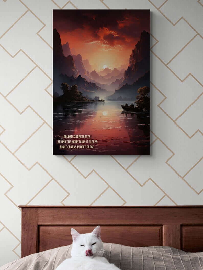 Serenity at Dusk: Exotic Mountain Terrain at Sunset Poster Wall Art with Tranquil Haiku