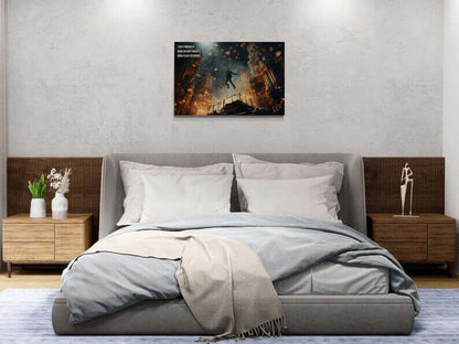 Floating in Knowledge: Whimsical Fantasy Canvas Wall Art Library Scene with Clever Haiku