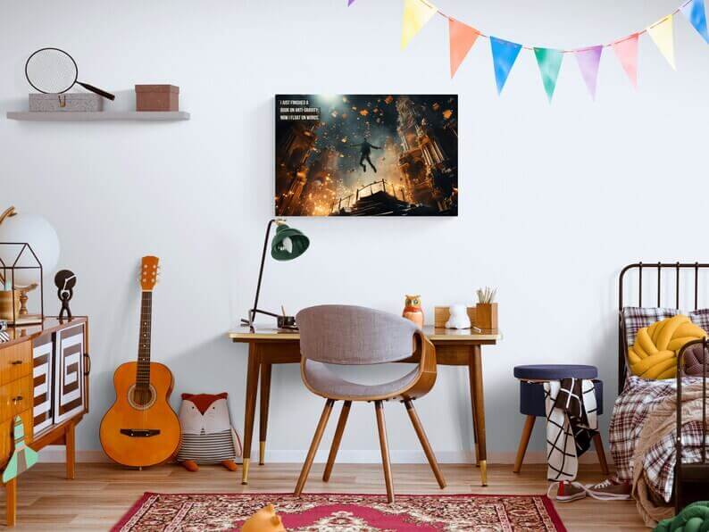 Floating in Knowledge: Whimsical Fantasy Poster Wall Art Library Scene with Clever Haiku