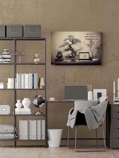 A modern home office features a minimalist design with a black desk and chair, equipped with a laptop. A sleek shelving unit holds decor items like vases and books. Embracing Taoist philosophy, a Printify Asian-Inspired Canvas Wall Art with Bonsai & Clever Haiku displays the quote: "The time that you enjoy wasting is not time wasted" above the desk.