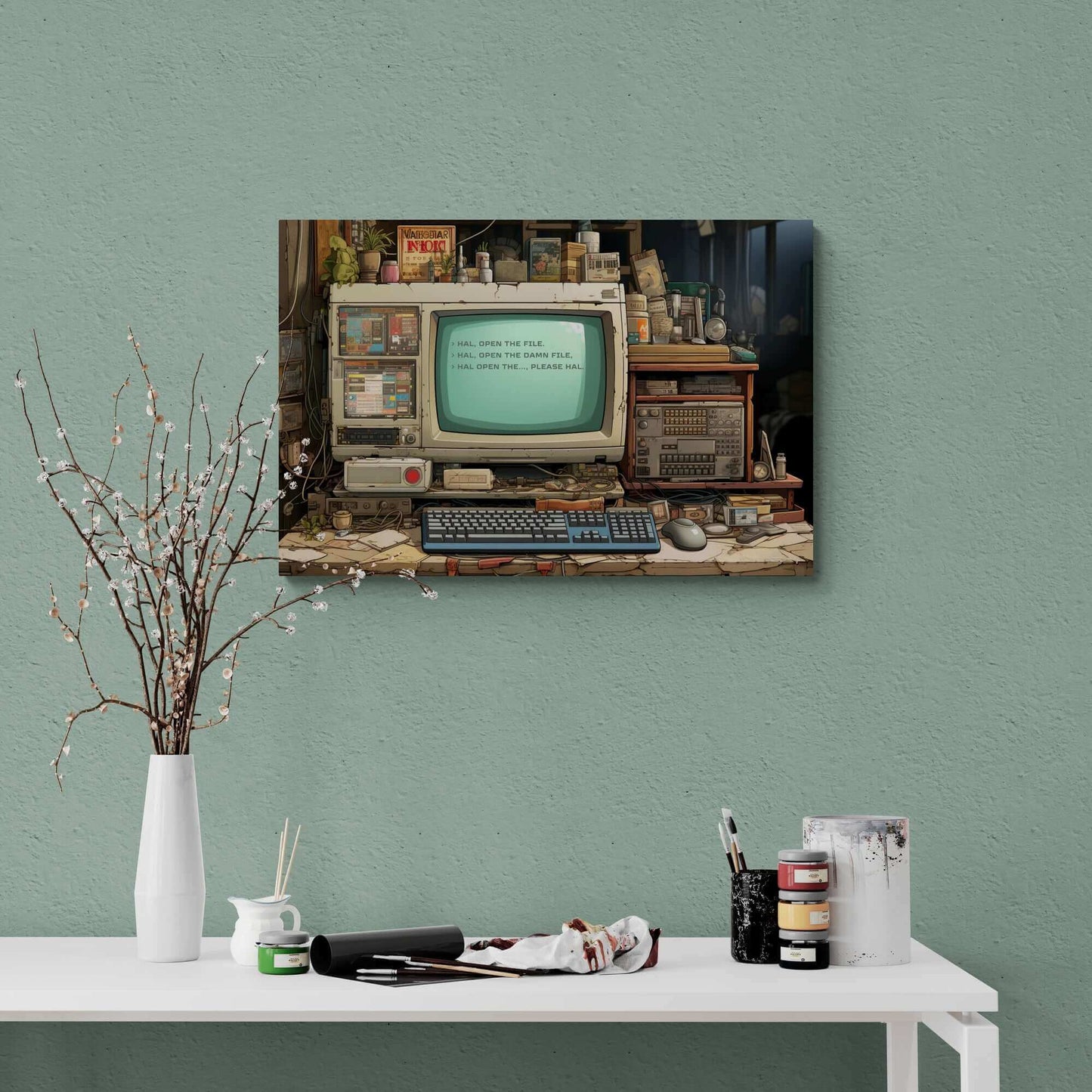 File Not Found: Nostalgic Anime Style Canvas Wall Art with Dystopian Tech Haiku