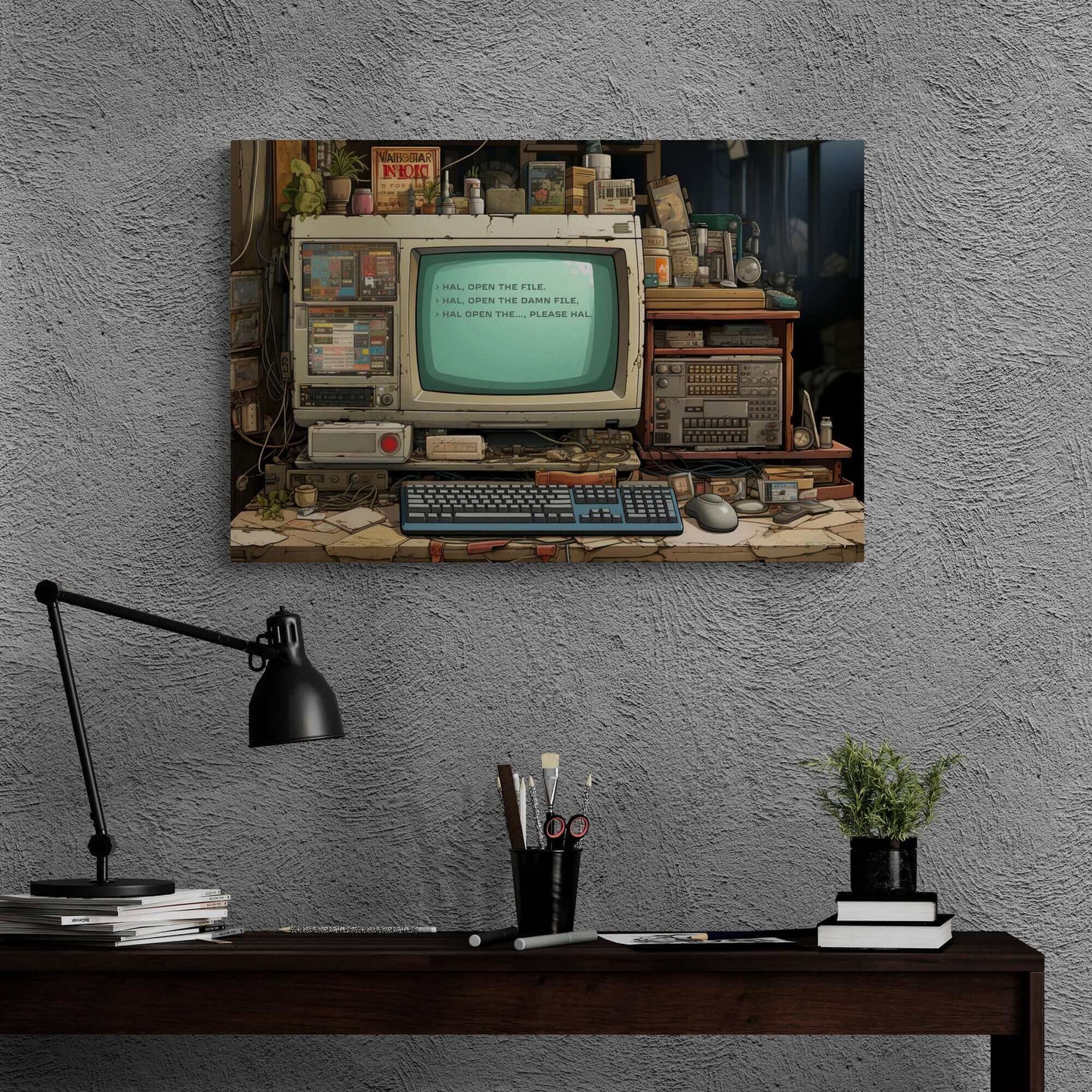 File Not Found: Nostalgic Anime Style Canvas Wall Art with Dystopian Tech Haiku