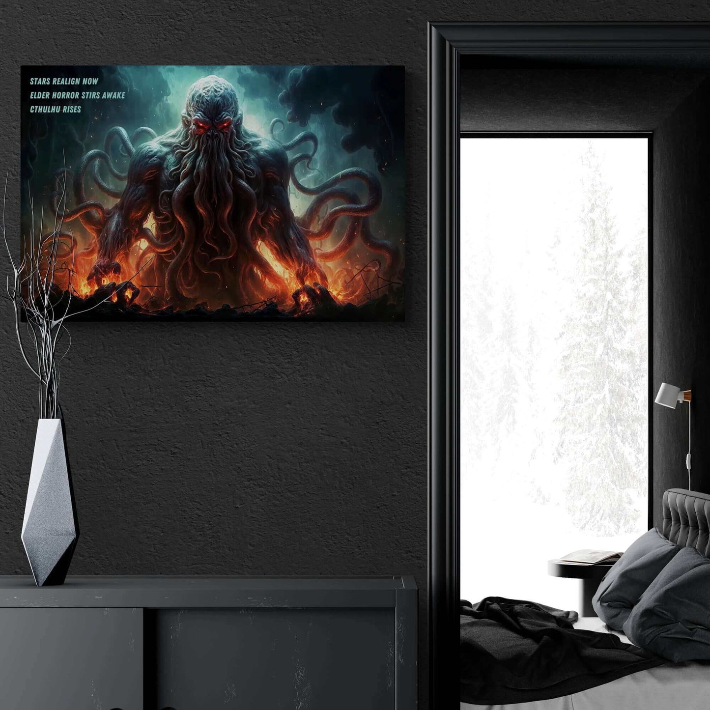 Amidst a fiery, smoke-filled background, a dark, ominous creature with a humanoid form and multiple tentacles looms. Its red eyes glow menacingly. Text on the left side reads: "Stars realign now. Cosmic horror stirs awake. Cthulhu rises." This vivid scene is captured in the Cthulhu Rises Canvas Wall Art by Printify, inspired by a chilling haiku.