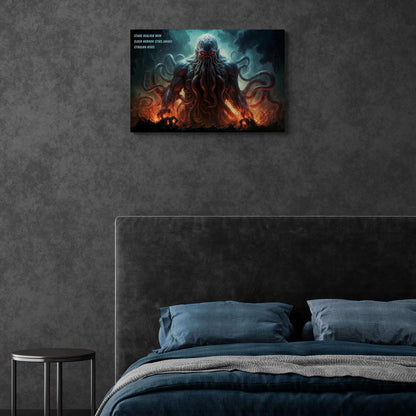 Amidst a fiery, smoke-filled background, a dark, ominous creature with a humanoid form and multiple tentacles looms. Its red eyes glow menacingly. Text on the left side reads: "Stars realign now. Cosmic horror stirs awake. Cthulhu rises." This vivid scene is captured in the Cthulhu Rises Canvas Wall Art by Printify, inspired by a chilling haiku.