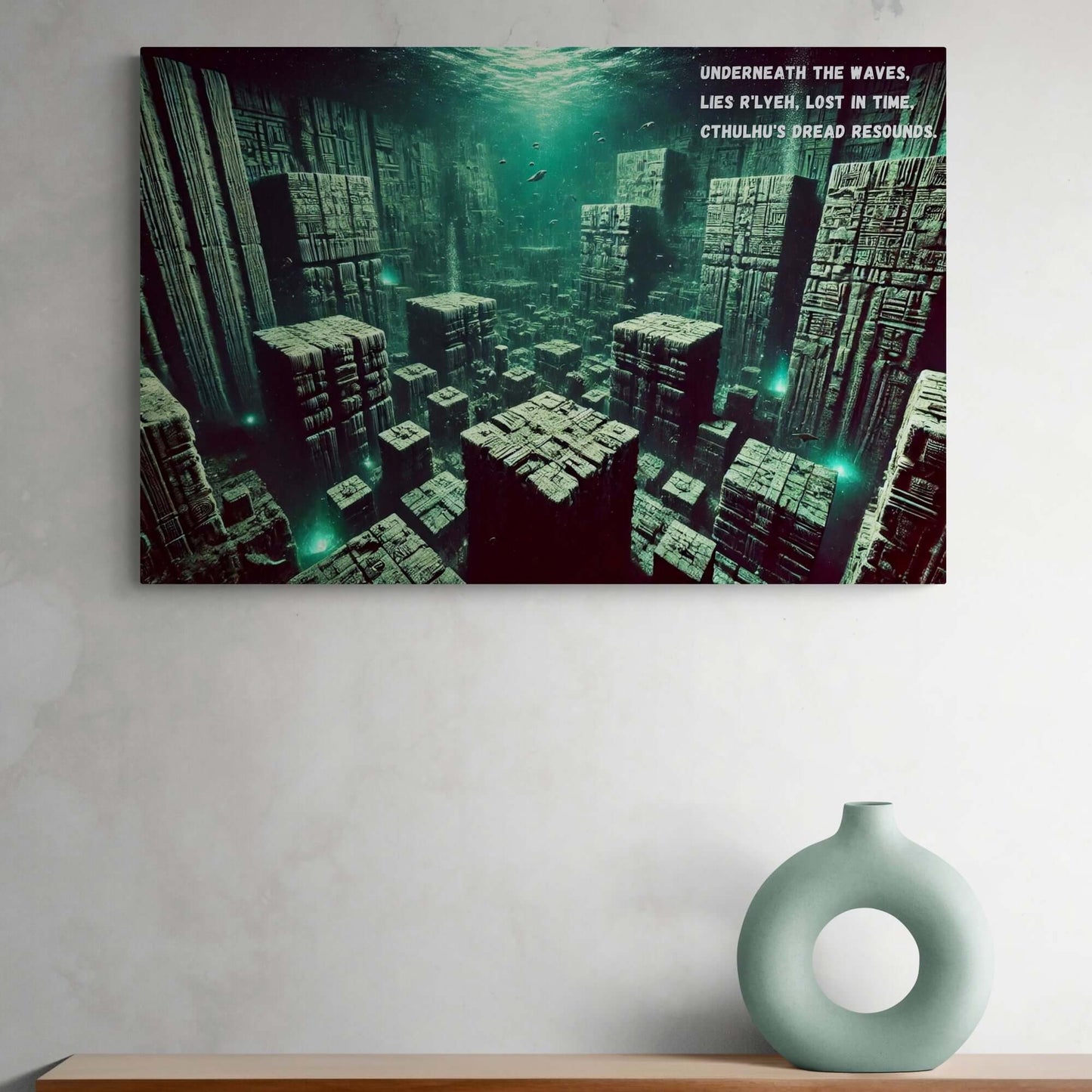 Haunting deep-sea haiku poster of submerged R'lyeh with eerie cyclopean structures and Cthulhu's presence, wall art décor