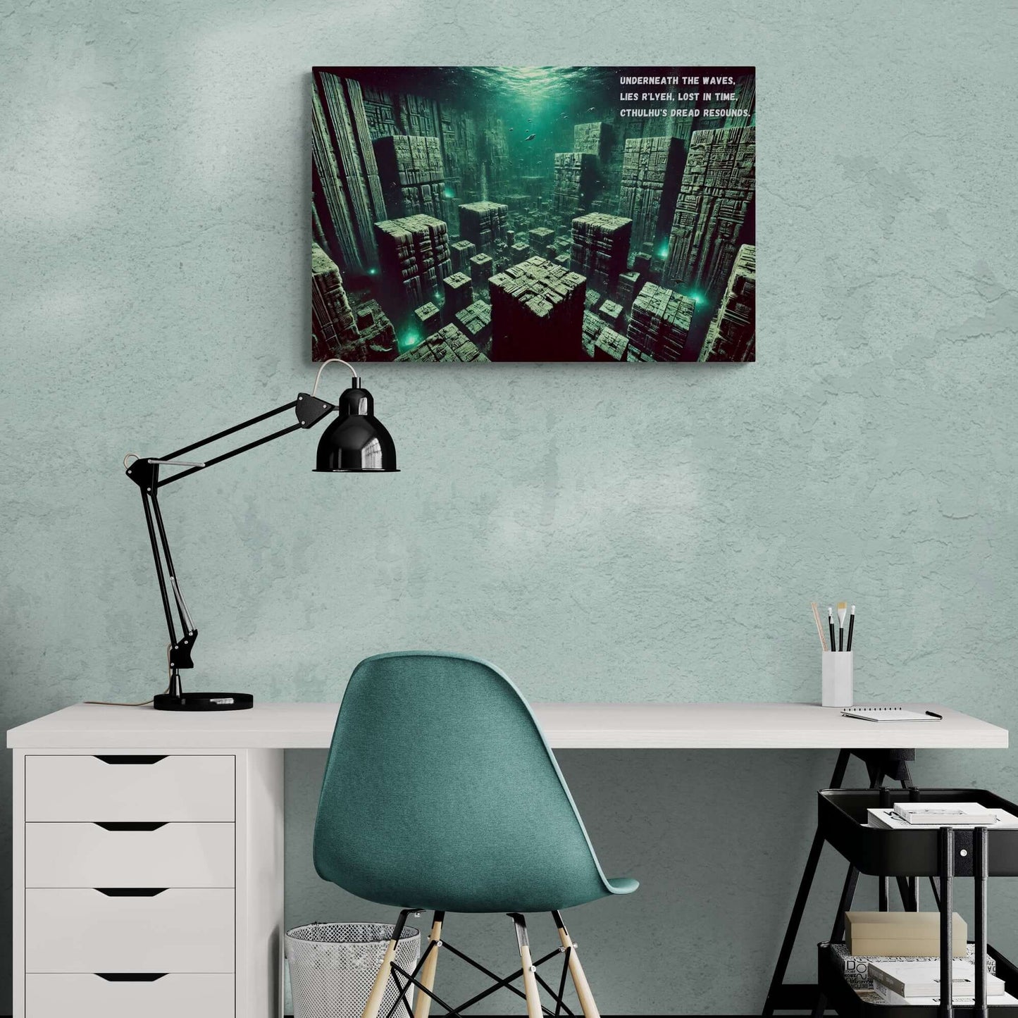 Captivating Submerged R’lyeh Haunting Cthulhu Deep-Sea Haiku Poster Wall Art in Modern Home Office