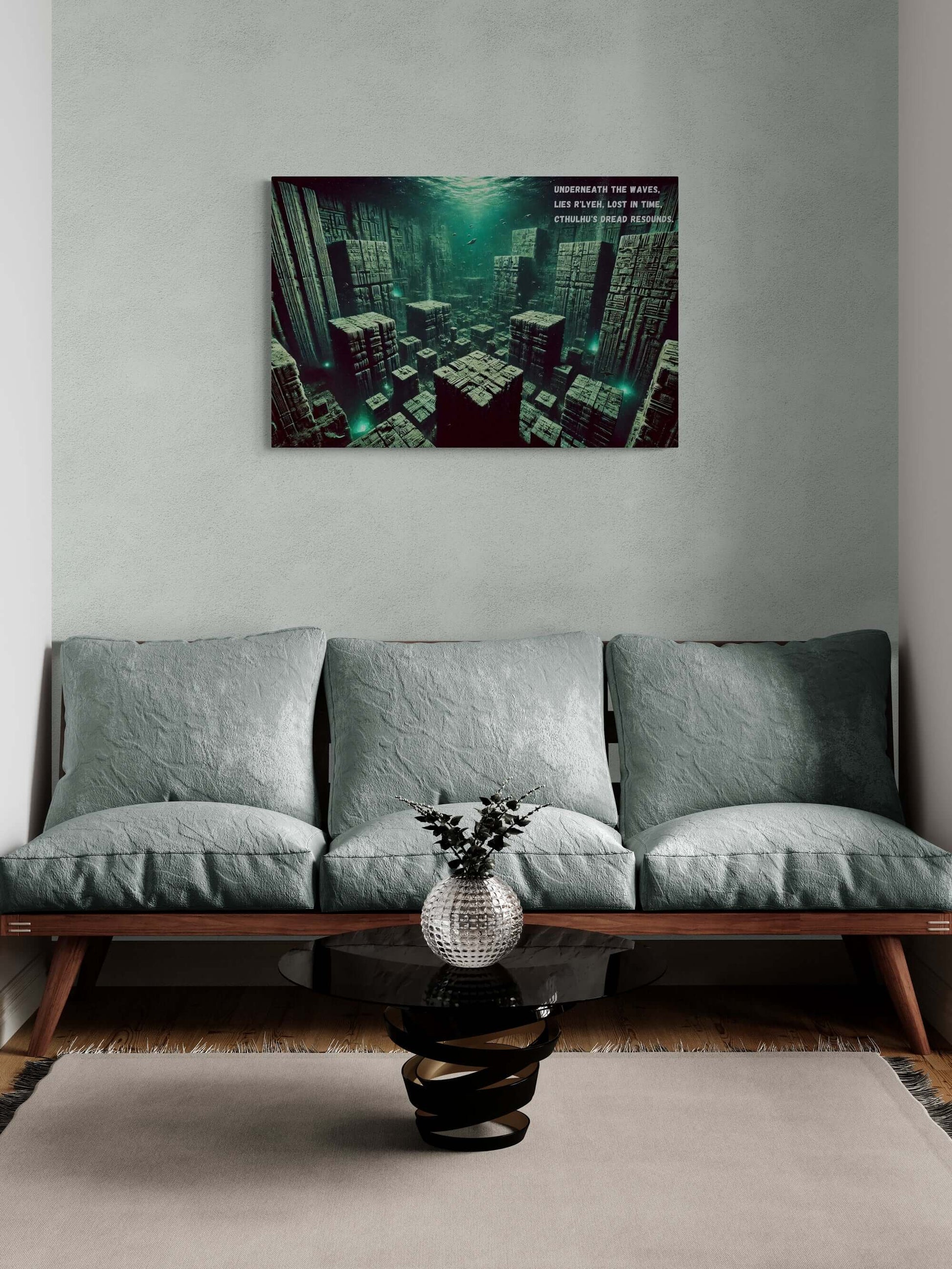 Submerged R’lyeh Haunting Cthulhu Deep-Sea Haiku Poster Wall Art in modern living room.