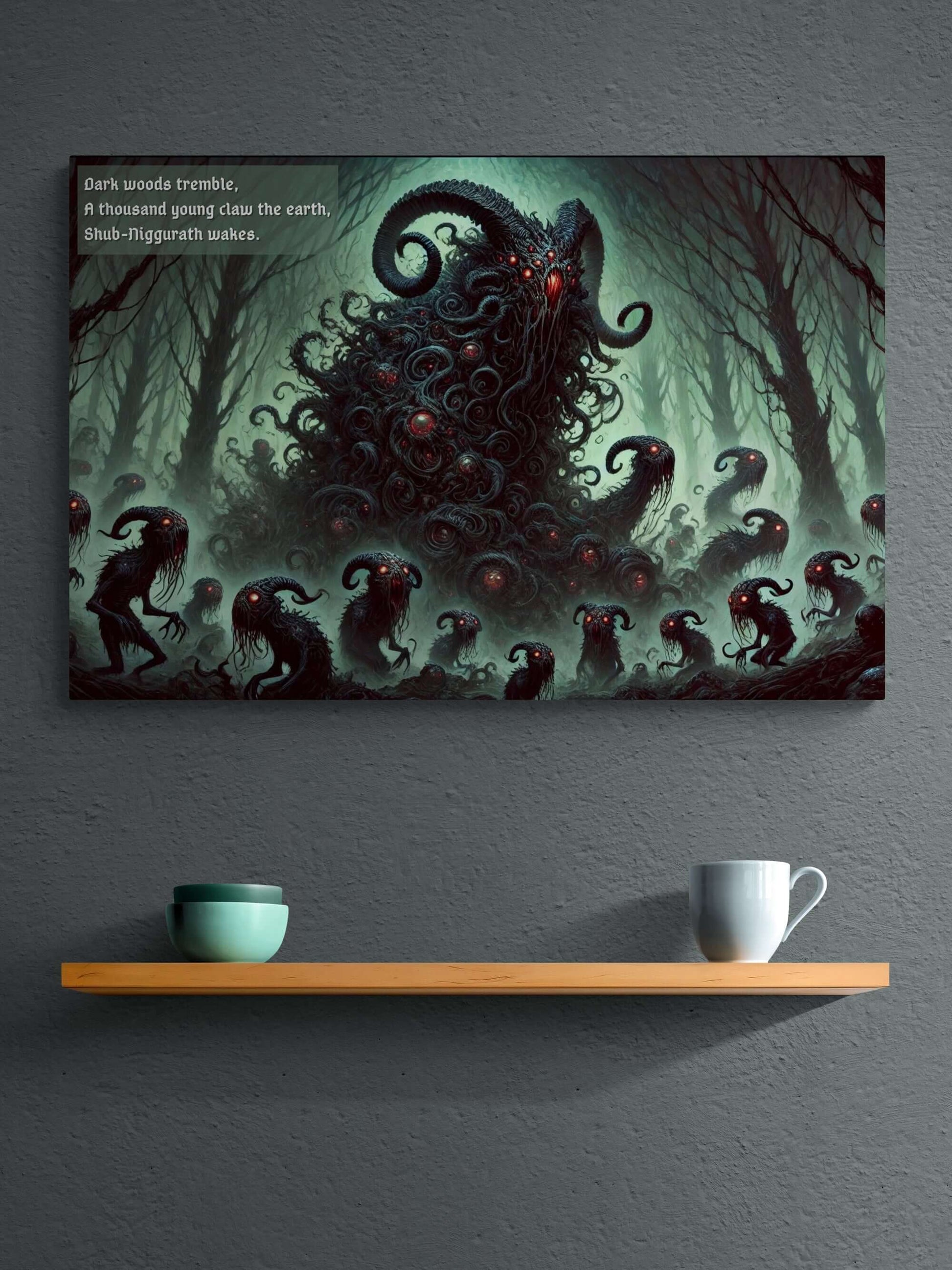 Dark Lovecraft Horror Canvas Wall Art of Shub-Niggurath Waking with Tendrils and Young in Dark Woods Beneath Pale Green Sky