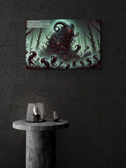 Dark Lovecraft horror canvas wall art of Shub-Niggurath with tendrils and young creatures in a twisted forest, pale green sky overhead.