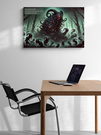 Dark Lovecraft horror canvas wall art featuring Shub-Niggurath and her young in eerie woods, inspired by a haunting haiku.