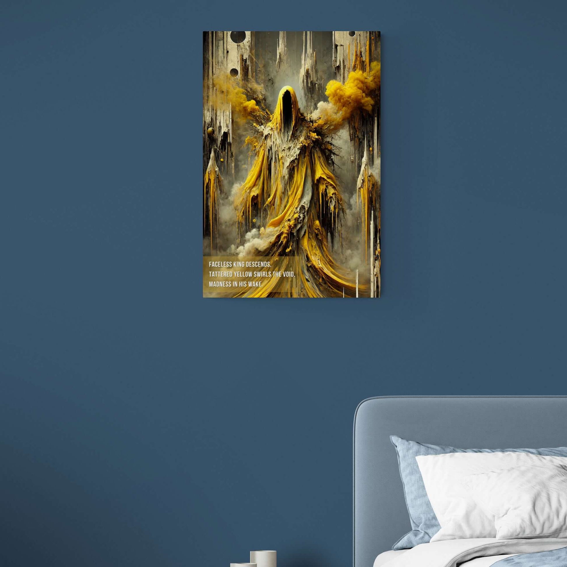 Hastur King in Yellow Lovecraft Poster Art Print on wall, featuring faceless figure in flowing yellow robes, cosmic horror theme.