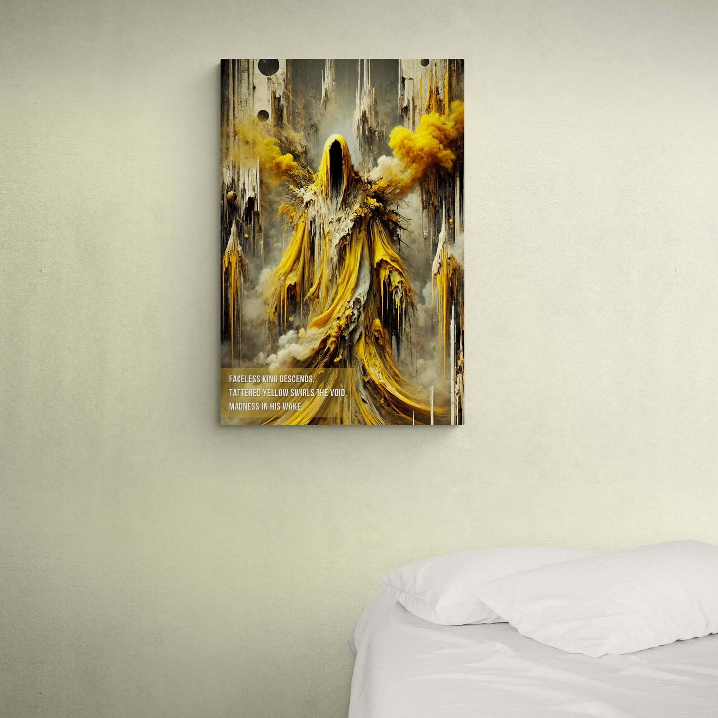 Hastur the King in Yellow cosmic horror poster with faceless figure in tattered yellow robes, eerie wall art print for home décor