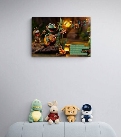 Showtunes in the Swamp: Claymation-Style Canvas Wall Art with Lively Limerick and Kitschy Charm