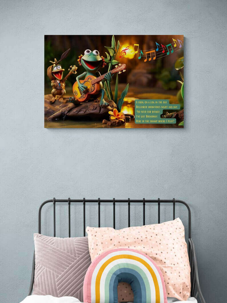 Showtunes in the Swamp: Claymation-Style Canvas Wall Art with Lively Limerick and Kitschy Charm