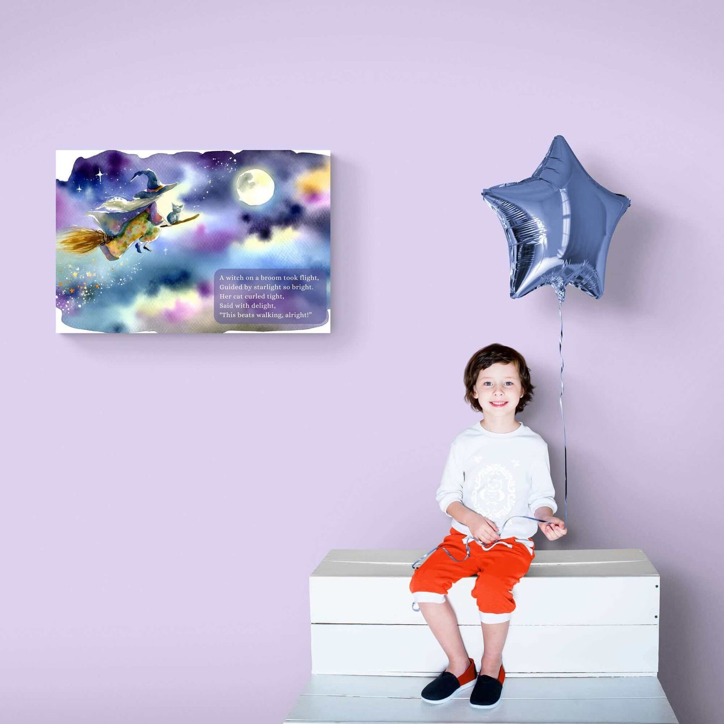 Starlit Witch's Whimsy: Enchanted Watercolor Poster Wall Art Based on Funny Limerick