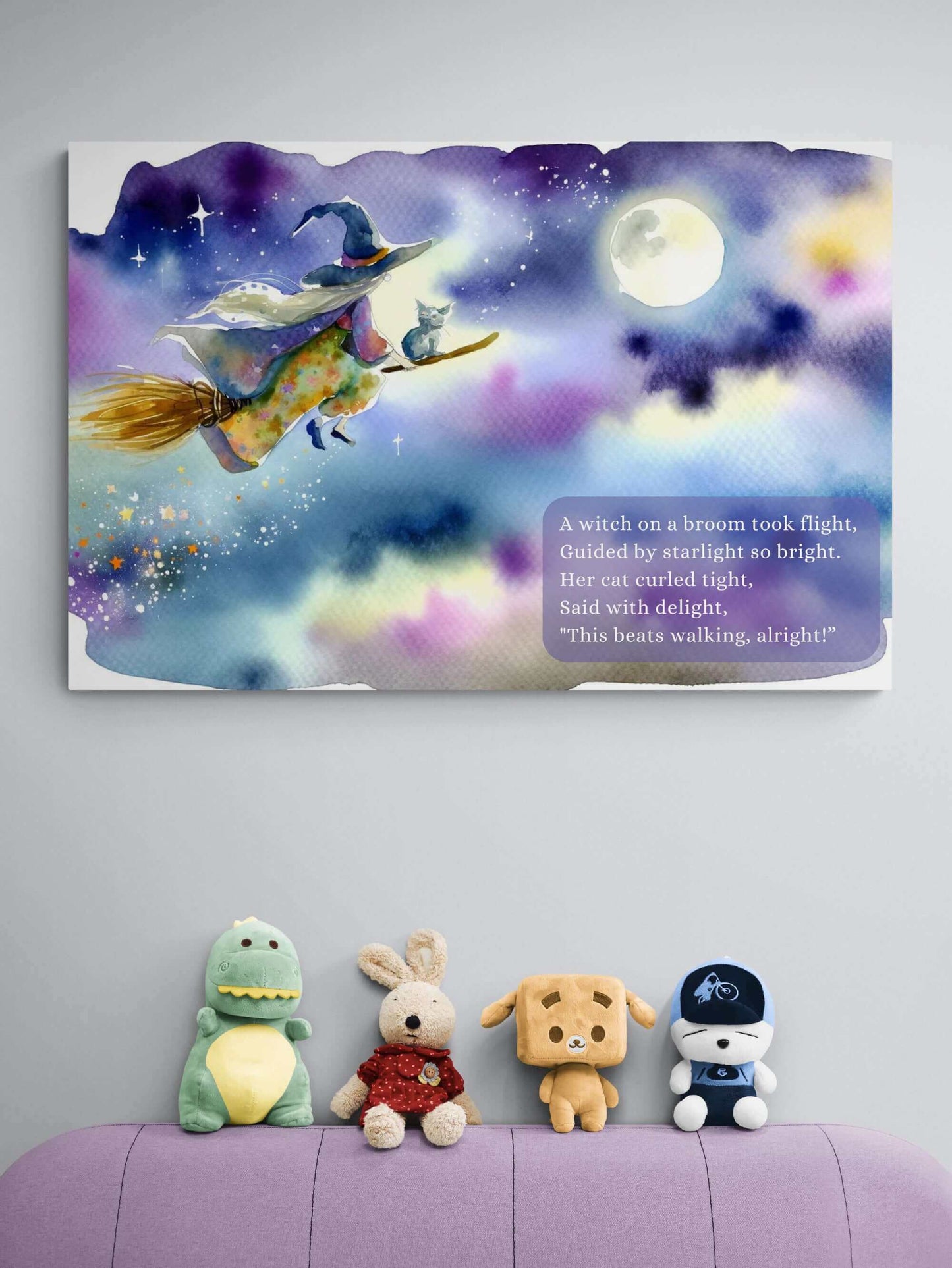 Starlit Witch's Whimsy: Enchanted Watercolor Poster Wall Art Based on Funny Limerick