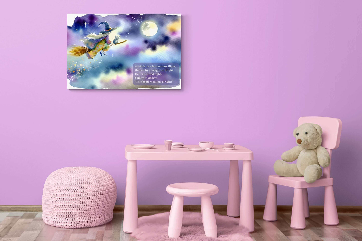 Starlit Witch's Whimsy: Enchanted Watercolor Poster Wall Art Based on Funny Limerick