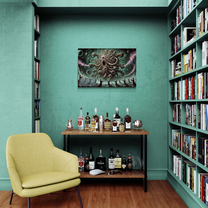 Cosmic Chaos poster with Azathoth imagery on a green wall above a bar cart in a stylish home library with bookshelves and a yellow chair.