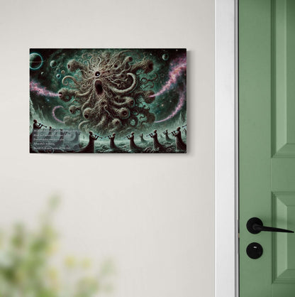 Cosmic Chaos Azathoth poster wall art with swirling forms, depicting demonic flutes and primordial chaos in dark hues.