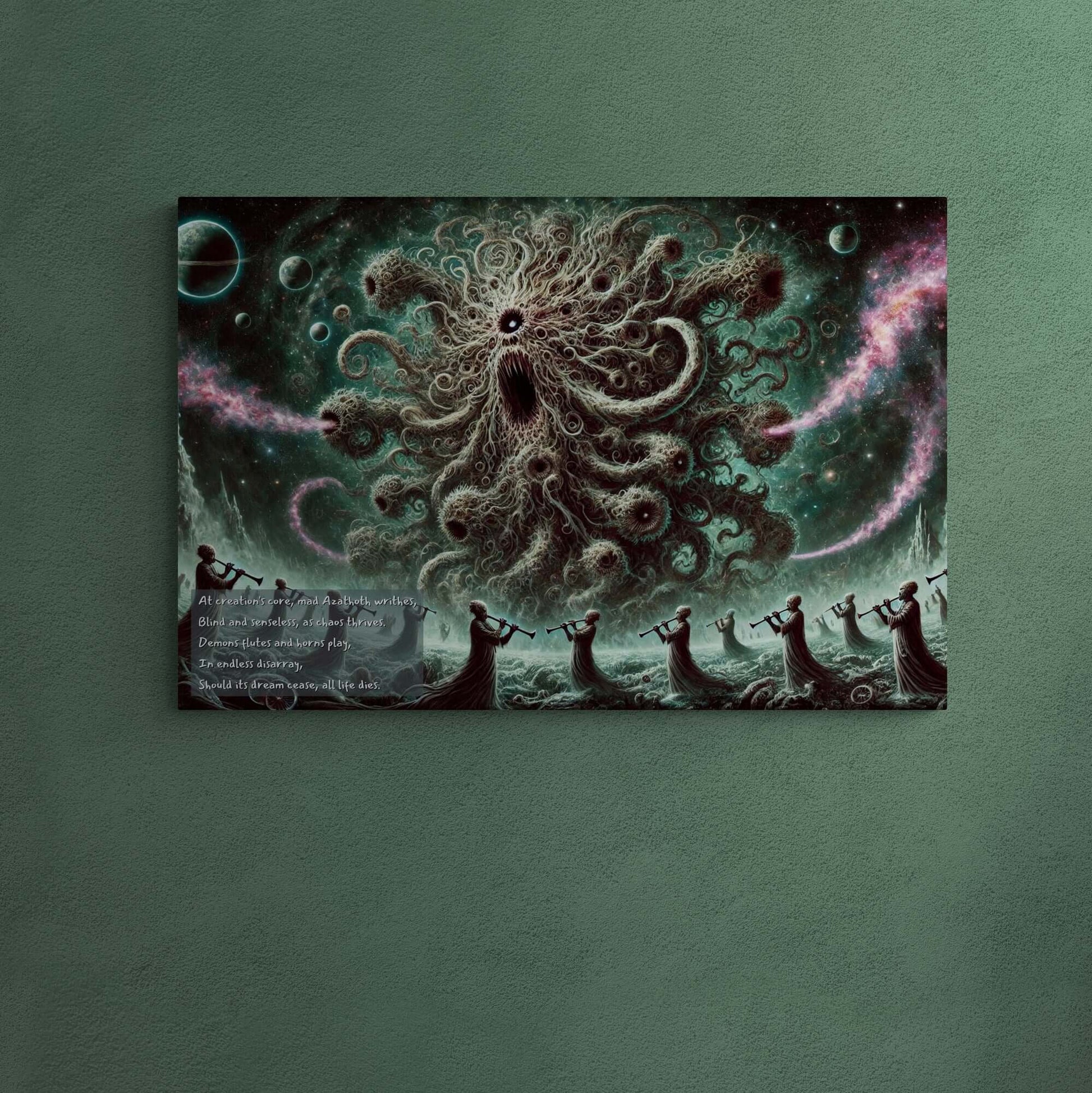 Cosmic Chaos Azathoth poster - swirling forms, dark hues, intricate patterns of demonic flutes encapsulating primordial chaos.