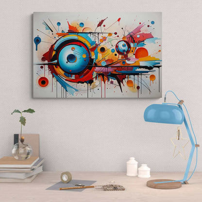 The Dynamic Graffiti Sphere Poster Wall Art by Printify is a vibrant piece featuring numerous colorful circular shapes and splashes. Dominant colors of blue, orange, and red are intersected with black lines and drips. The energetic composition evokes a sense of dynamic motion and creativity, reminiscent of urban graffiti art.