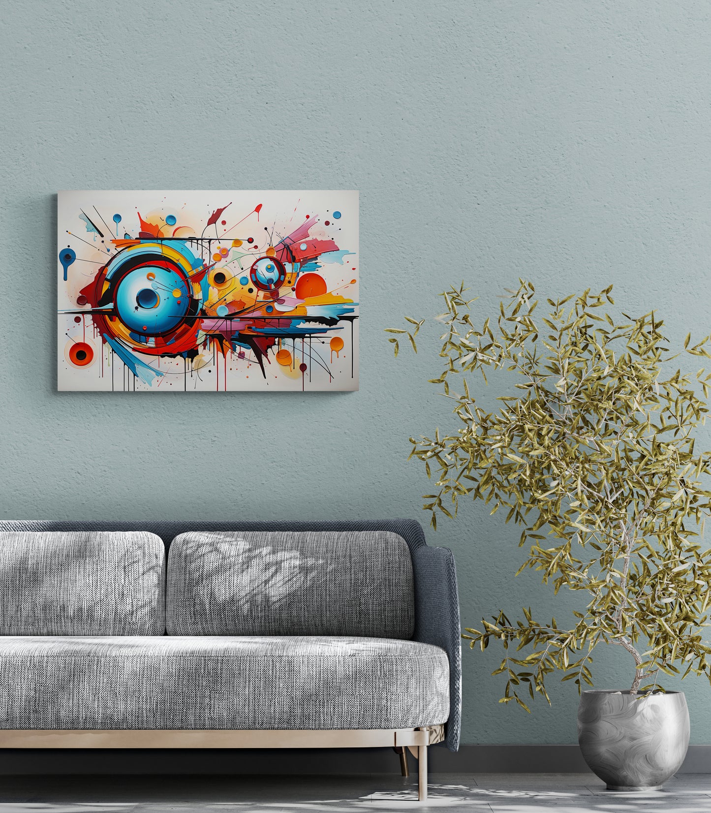 Abstract Spherical Explosion 1: Dynamic Graffiti Sphere with Colorful Splashes Canvas Wall Art | NW-001c