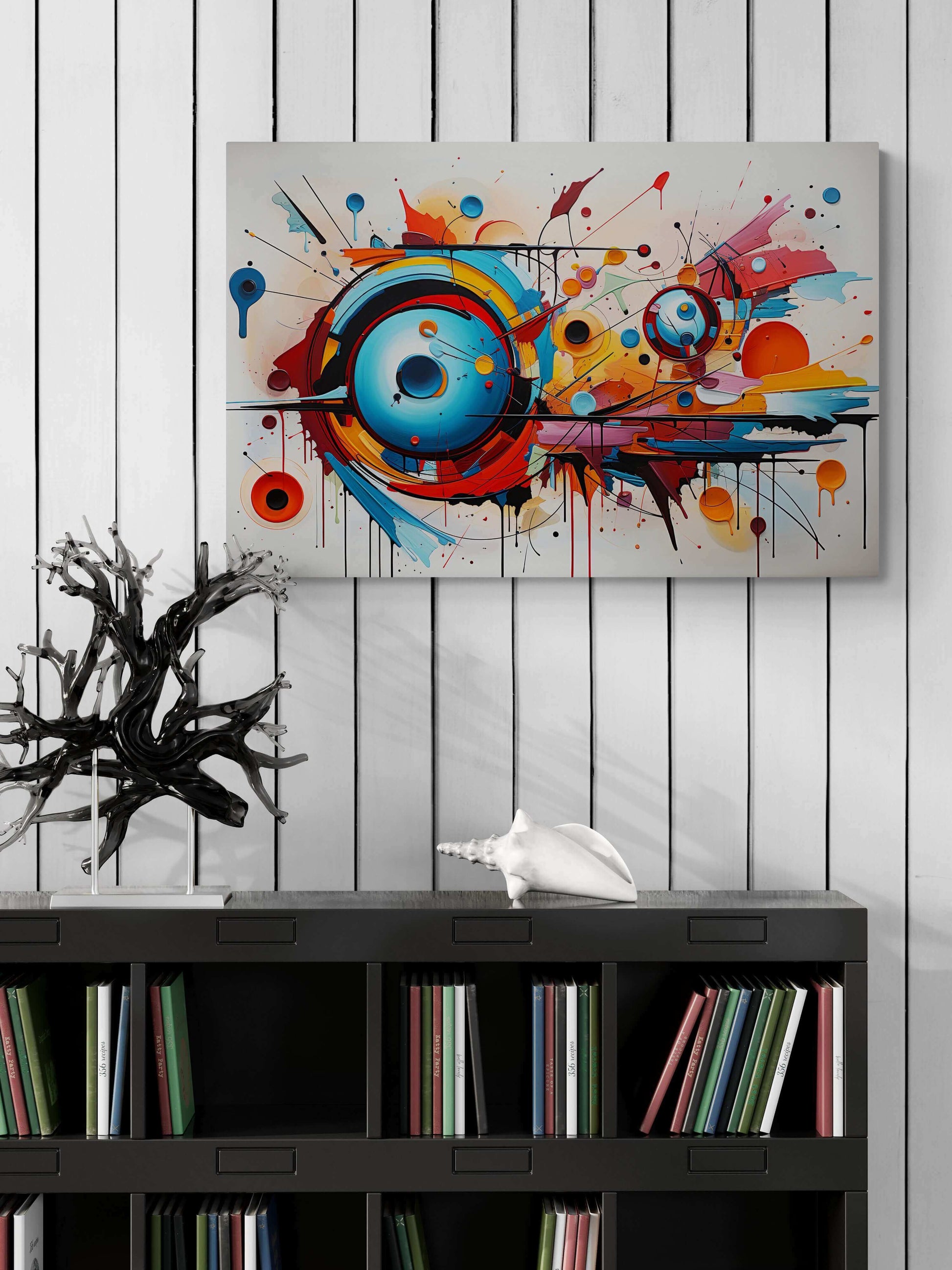 The Dynamic Graffiti Sphere Poster Wall Art by Printify is a vibrant piece featuring numerous colorful circular shapes and splashes. Dominant colors of blue, orange, and red are intersected with black lines and drips. The energetic composition evokes a sense of dynamic motion and creativity, reminiscent of urban graffiti art.