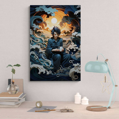 Introducing "Contemplation on the Waves: Japanese-Inspired Layered Paper Fantasy Canvas Wall Art" by Printify. This exquisite digital artwork features a figure in dark clothing, holding a mug and seated serenely amidst swirling waves and white foamy crests. The background showcases a brilliant full moon that casts an ethereal glow, enhancing the mystical ambiance with stylized clouds.