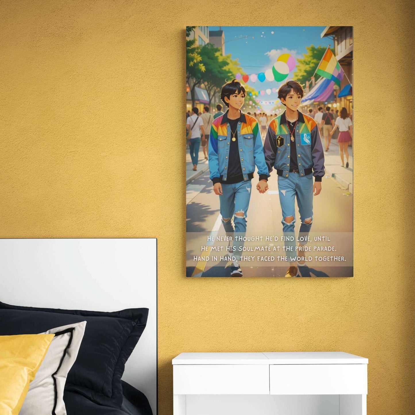 An image featuring two young men holding hands, walking outdoors during a Pride parade. They are wearing jeans and vibrant, multicolored jackets, smiling warmly at each other. The street is adorned with colorful decorations and flags, celebrating the LGBTQ+ community. Text at the bottom narrates their love story. This artwork is titled "Soulmate Found: Joyful Gay Pride Poster Wall Art, Inspired by Heartwarming 2-Sentence Story | PR-2S-003p," produced by Printify.