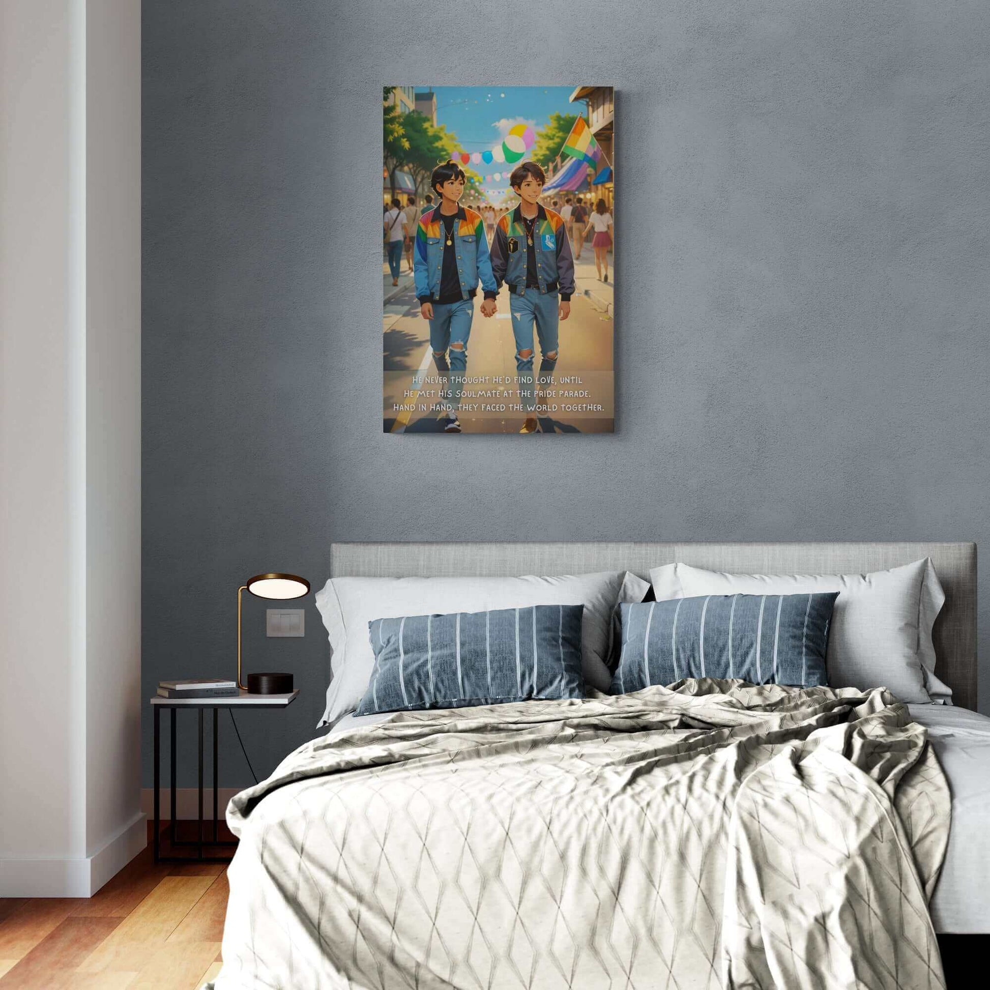 An image featuring two young men holding hands, walking outdoors during a Pride parade. They are wearing jeans and vibrant, multicolored jackets, smiling warmly at each other. The street is adorned with colorful decorations and flags, celebrating the LGBTQ+ community. Text at the bottom narrates their love story. This artwork is titled "Soulmate Found: Joyful Gay Pride Poster Wall Art, Inspired by Heartwarming 2-Sentence Story | PR-2S-003p," produced by Printify.