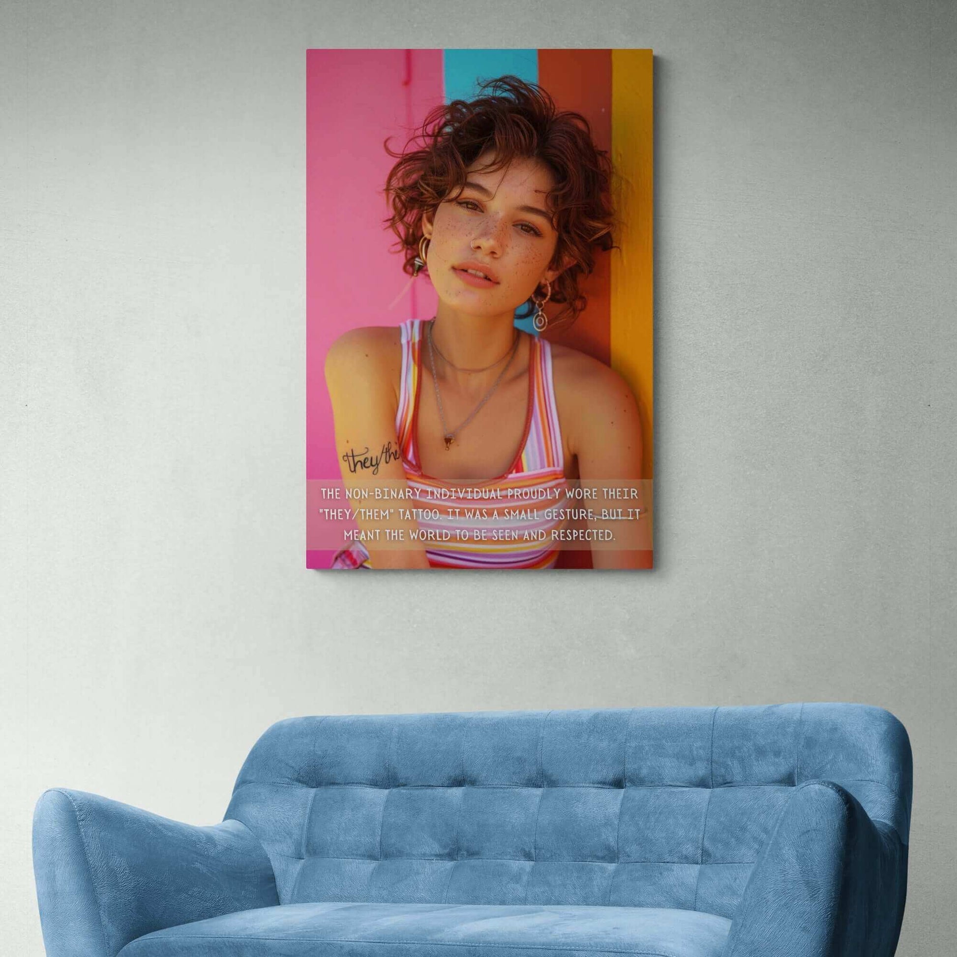 A person with short, curly hair and freckles stands against a multicolored wall, wearing a striped tank top and jewelry. They have a tattoo on their arm that reads "they/them." Text on the image reads: "The non-binary individual proudly displayed their 'They/Them' tattoo. It was a small gesture, but it meant the world for their self-expression to be seen." Featured in the scene is Printify's "They/Them: Bold Gay Pride Poster Wall Art, Inspired by Meaningful 2-Sentence Story | PR-2S-007p."
