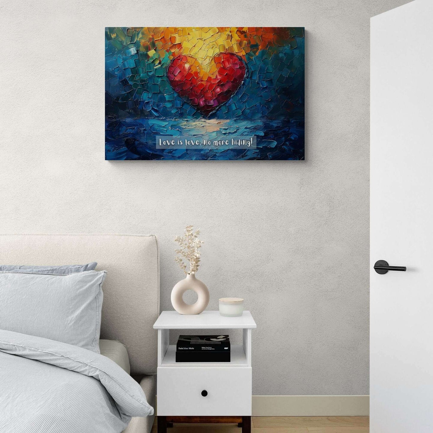 The "Love is Love: Radiant Gay Pride Canvas Wall Art" by Printify (Model PR-6W-002c) features a vibrant painting on polyester canvas. It depicts a large red heart at the center, surrounded by abstract, multicolored brushstrokes in blue, green, yellow, and orange. The text at the bottom reads "Love is love," honoring the LGBTQ+ community with "no more hiding!